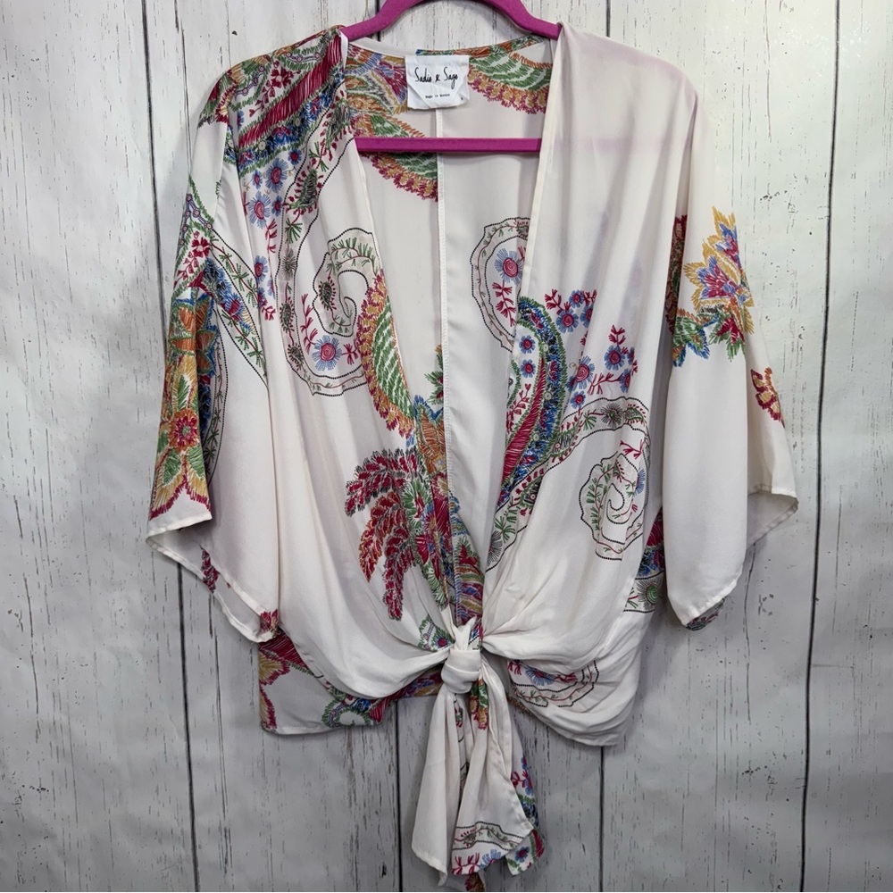 Sadie & Sage Floral Boho Tie Front Kimono Top Size S Festival Cottagecore Flowy